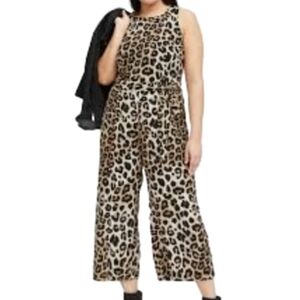 Banana Republic Leopard Print Black Tan Sleeveless Cropped Wide Leg Jumpsuit